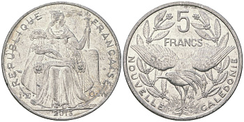 Французская Новая Каледония 5 франков 2013 птица кагу, (IEOM) KM 16, Schoen 12, Lec 81k алюминий 4111-1242