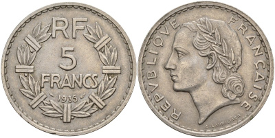 Франция 5 франков 1935 KM 888 никель 4144-423