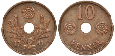 Финляндия 10 пенни 1941 брак заготовки, выкус KM 33.1 медь 51-3514