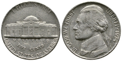 США 5 ЦЕНТОВ 1974 ДЖЕФЕРСОН KM А192 медно-никель 73-1357