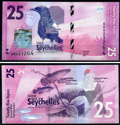 Сейшельские острова 25 рупий 2016 воробьиный робин, рыба-киллифиш, голубой голубь Pick 48 a  бумага  UNC (пресс) 6279-6-1-2