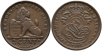 БЕЛЬГИЯ 2 САНТИМА 1902 BELGEN KM 36 медь 4391-655
