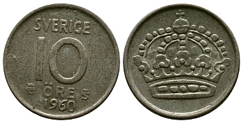 Швеция 10 эре 1960 T;S, Густав VI Адольф (1950-1973) KM 823 серебро 3334-233