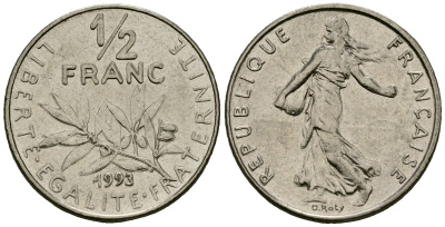 Франция 1/2 франка 1993 сеятель KM 931.1 никель 4138-244