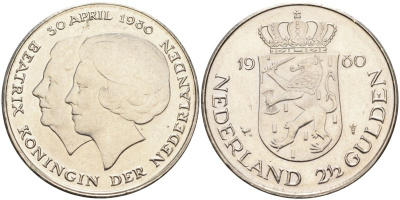 Нидерланды 2 1/2 гульдена 1980 коронация Беатрикс, 30 апреля 1980 KM 201 никель 4593-614