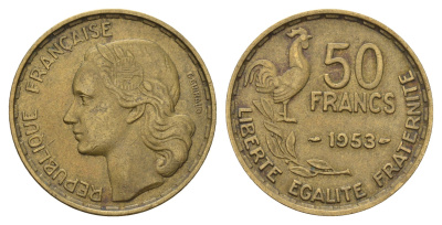 Франция 50 франков 1953 KM 918.1 алюминиевая бронза 4121-341