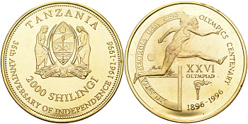 Танзания 2000 шиллингов 1996 XXVI Олимпийские игры 1996 года в Атланте, 100 лет Олимпийскому движению, бег с барьерами, пробник, гладкий гурт латунь PROOF 06-135-34
