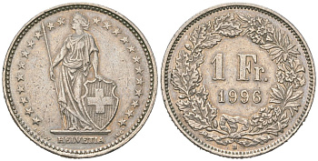 Швейцария 1 франк 1996 B, редкий год KM 24a медно-никель 4604-1052