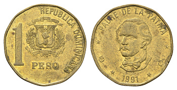 Доминиканская Республика (Доминикана) 1 песо 1991 Хуан Пабло Дуарте KM 80.1 латунь 4663-857