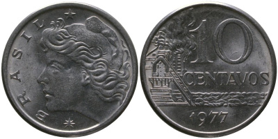 Бразилия 10 сентаво 1977 KM 578.1a, Schon 83b нержавеющая сталь 4577-1246