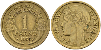 Франция 1 франк 1936 KM 885, Le Franc 219.2 алюминиевая бронза 4142-831
