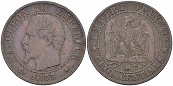 Франция 5 сантимов 1855 BB, Наполеон III (1852-1870) KM 777.3, LE FRANC 116.21 бронза 108-325