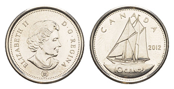 Канада 10 центов 2012 Leaf, Елизавета II (1952-2022), парусник KM 492 сталь плакированная никелем UNC 4636-652