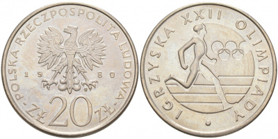 Польша 20 злотых 1980 MW, XXII летние Олимпийские Игры, Москва 1980, бегун KM 108, Parchimowicz 252 медно-никель UNC 73-416