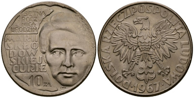 Польша 10 злотых 1967 100 лет со дня рождения Марии Склодовской-Кюри Y 59 медно-никель 4168-744