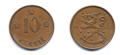 Финляндия 10 пенни 1935 республика (1918-1962) KM 24 медь 51-5454