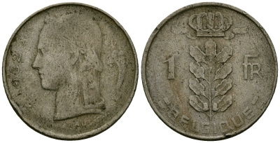 Бельгия 1 франк 1952 Belgique, Бодуэн I (1951-1993) KM 142 медно-никель 4138-227