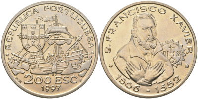 Португалия 200 эскудо 1997 445 лет со дня смерти святого Франциска Ксаверия KM 697 медно-никель UNC 4677-324