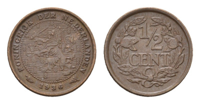 Нидерланды 1/2 цента 1936 Вильгельмина (1890-1948) KM 138 бронза 4674-1114