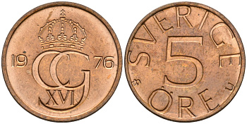 Швеция 5 эре 1976 Карл XVI Густав (1973- ), в лаке KM 849 бронза 4585-318