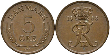 ДАНИЯ 5 ЭРЕ 1968 C; S, ФРЕДЕРИК IX (1947-1972) KM 848.1 бронза 175-711
