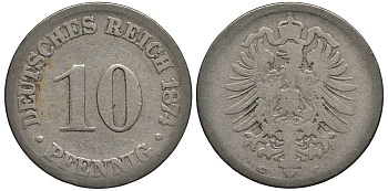 ГЕРМАНИЯ 10 ПФЕННИГОВ 1874 C, СТАРОГЕРБОВКА KM 4, Jager 4, Weege 7 медно-никель 4546-1114