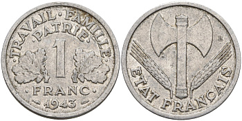 Франция 1 франк 1943 LB, тип Lourde, правительство Виши KM 902.1 алюминий 4142-933