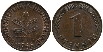 ФРГ 1 пфенниг 1966 D KM 105, J.380 сталь плакированная медью 99-258