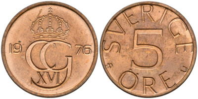 Швеция 5 эре 1976 Карл XVI Густав (1973- ), в лаке KM 849 бронза 4585-318