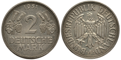 ФРГ 2 марки 1951 F J 386, KM 111 медно-никель плакированный никелем 413-2411