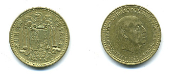 Испания 1 песета 1966 (74) Франсиско Франко (1939-1975) KM 796 алюминиевая бронза 54-325