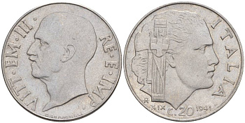 ИТАЛИЯ 20 ЧЕНТЕЗИМО 1941 R, ГОД XIX, ВИКТОР ЭММАНУИЛ III (1900-1946) KM 75b, VEM3. 1028 нержавеющая сталь 3853-852