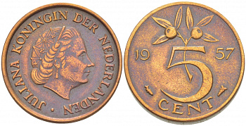 НИДЕРЛАНДЫ 5 ЦЕНТОВ 1957 ЮЛИАНА KM 181 бронза 3718-351