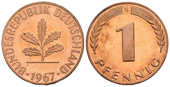 ФРГ 1 пфенниг 1967 G KM 105, J.380 сталь плакированная медью PROOF 1094-7-54