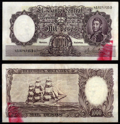 Аргентина 1000 песо ND (1966-1969) Pick 279 (3) бумага 7548-87-3-2