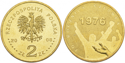 Польша 2 злотых 2006 MW, 30 лет акциям протеста в июне 1976 года KM 571 нордик UNC 08-621