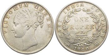 Британская Индия 1 рупия 1840 Виктория (1837-1901), Британская Ост-Индская компания, диаметр 31,5 мм., мондвор Калькутта KM 457.1 серебро 3896-1324