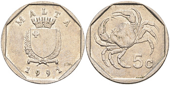 Мальта 5 центов 1991 краб KM 95 медно-никель 4564-542