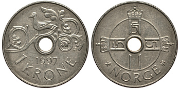 Норвегия 1 крона 1997 Харальд V (1992- ) KM 462 медно-никель 4182-235