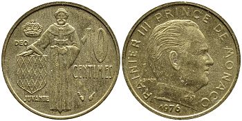 Монако 10 сантимов 1976 Ренье III (1949-2005) KM 142 алюминиевая бронза 3334-1141