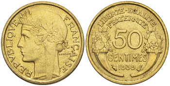 ФРАНЦИЯ 50 САНТИМОВ 1939 ТИП MORLON KM 894.1, LE FRANC 192.15 алюминиевая бронза 44-834