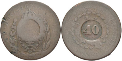 Бразилия 40 рейс 1835 провинция ICO, надчеканка на 80 рейсах Педро I KM 444.1 медь 650-1334