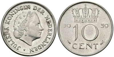 НИДЕРЛАНДЫ 10 ЦЕНТОВ 1959 ЮЛИАНА KM 182 никель 96-437