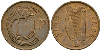 Ирландия 1 пенни 1986 мифологическая птица лира KM 20 бронза 4138-855
