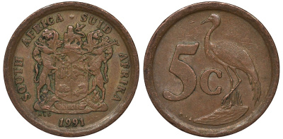 ЮАР 5 центов 1991 синий журавль, герб KM 134 сталь плакированная медью 4122-256
