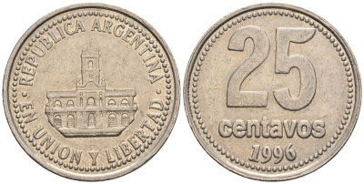 Аргентина 25 сентаво 1996 ратуша Буэнос-Айреса KM 110a, CJ 4.4.1, Schon 111a медно-никель    60-427