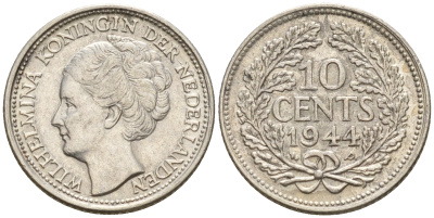 Нидерланды 10 центов 1944 P, Вильгельмина I (1890-1948) KM 163 серебро  4160-1245