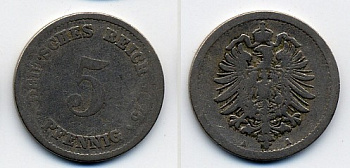 ГЕРМАНИЯ 5 ПФЕННИГОВ 1875 A, СТАРОГЕРБОВКА KM 3, J.3 медно-никель 46-513
