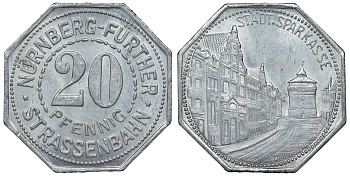 Германия, Нюрнберг - Фюрт 20 пфеннигов ND трамвайный жетон, сберегательная касса алюминий UNC 4119-651