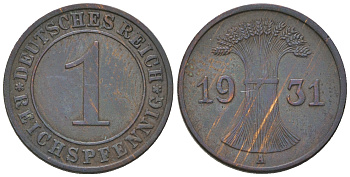 Германия 1 рейхспфенниг 1931 A KM 37, J. 313 бронза 4385-629